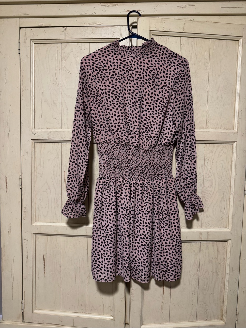 Smocked Waist Long-Sleeve Dress in Pink Spot Print